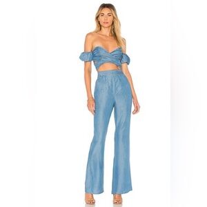 MAJORELLE Memphis Cut Out Off Shoulder Jumpsuit in Blue Jean